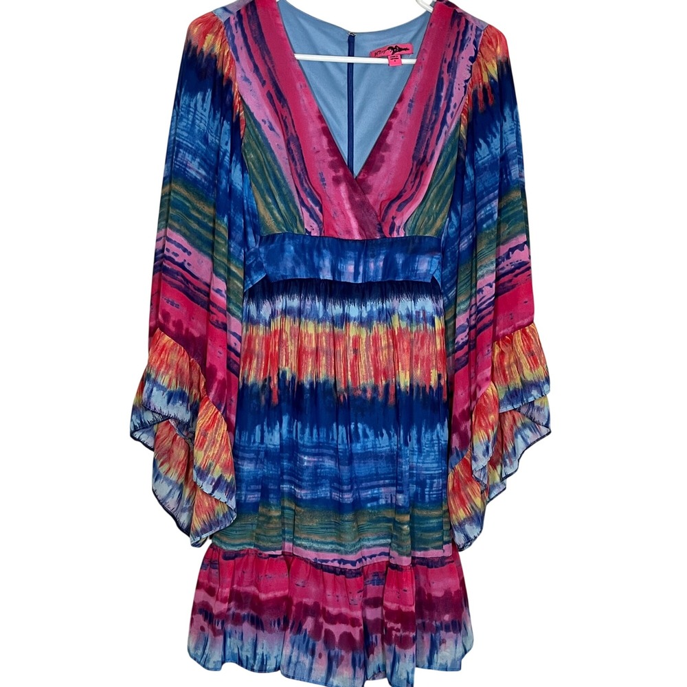 Betsey Johnson Tie Dye Dress Bell Sleeve Ruffle Blue Pink Size 8 Boho Whimsy